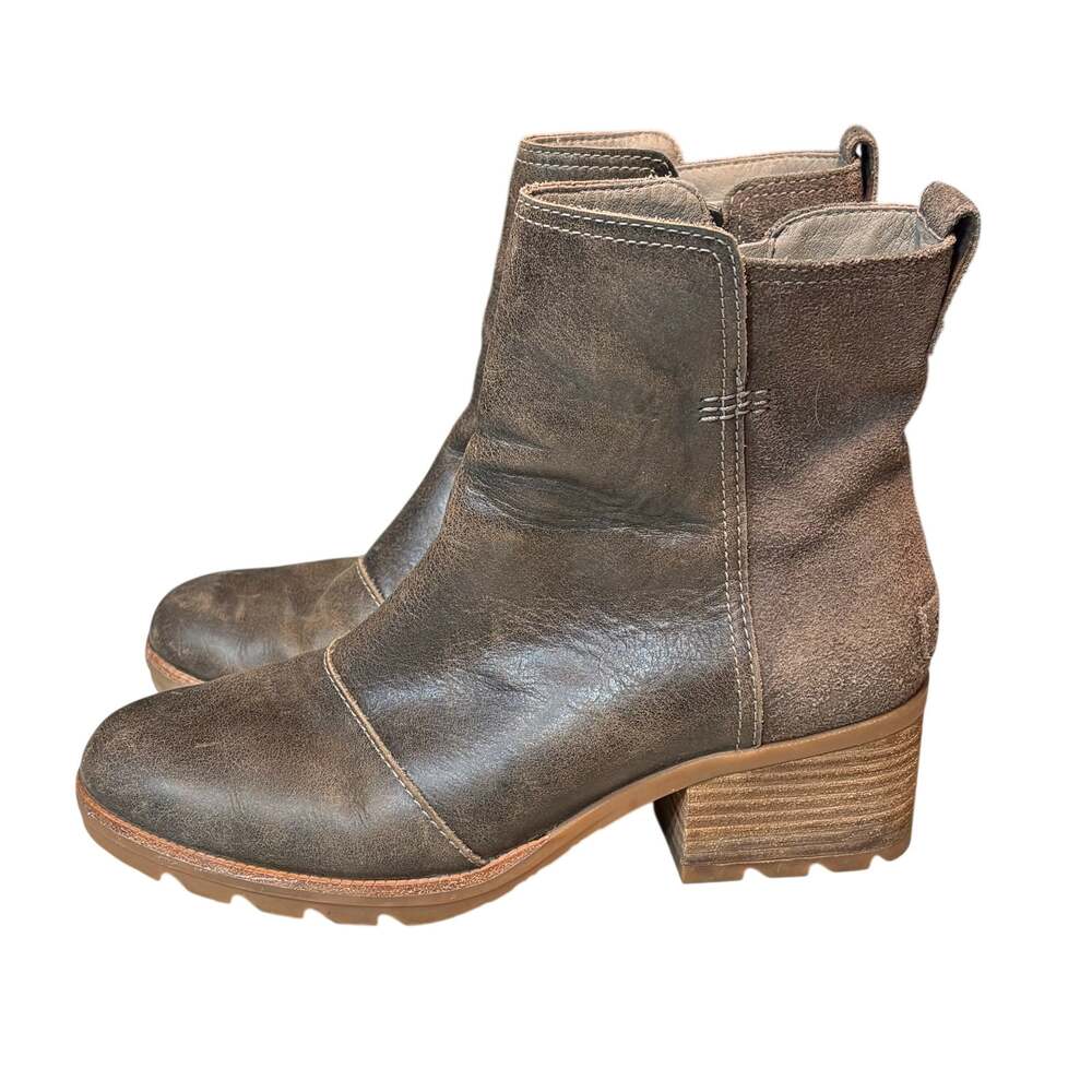 Sorel Cate Leather Suede Waterproof Stacked Heel Zip Up Distressed Boots 8.5